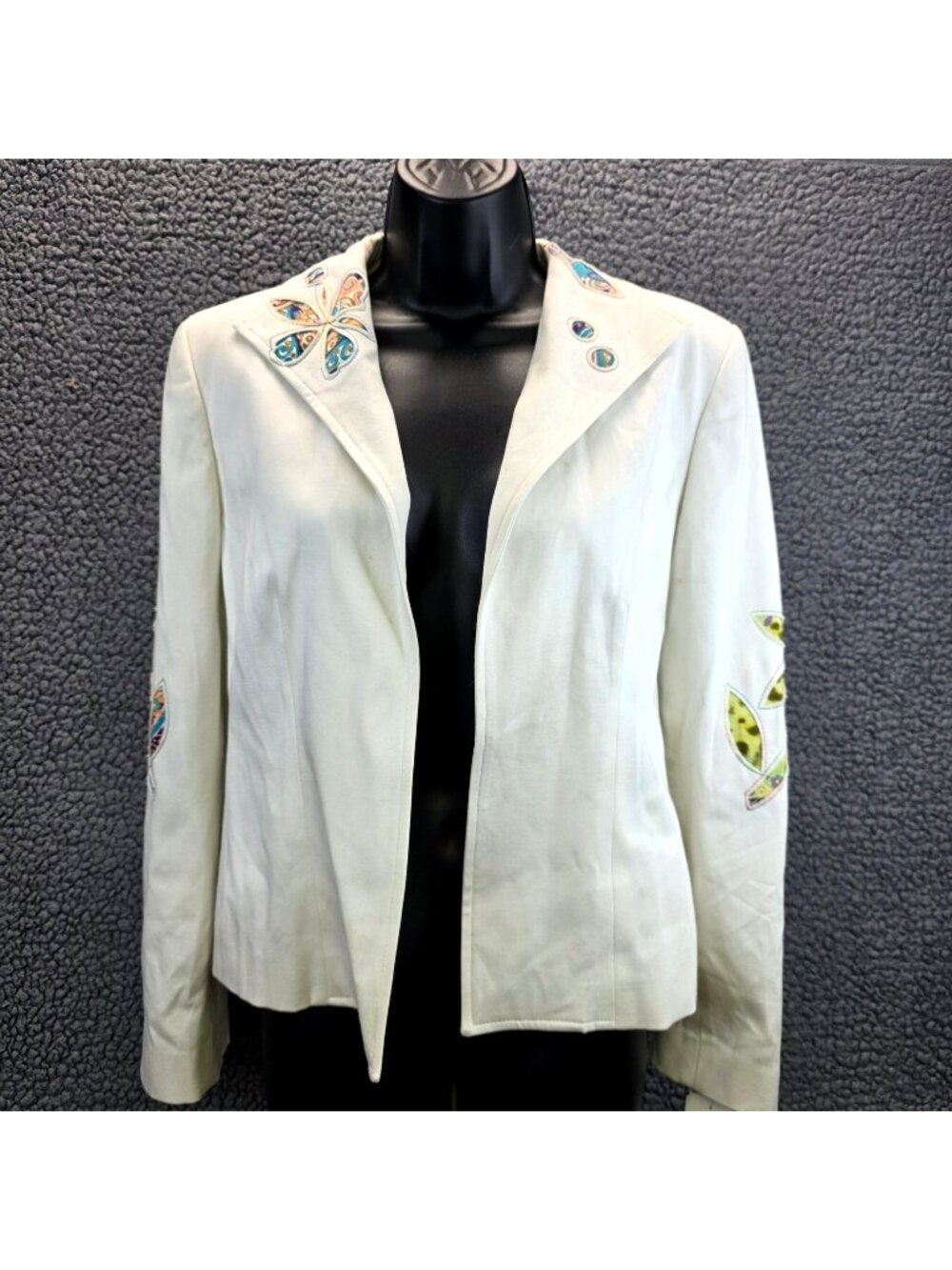 Vintage Harvé Benard Floral Applique Jacket 8 White Open Front Retro Feminine